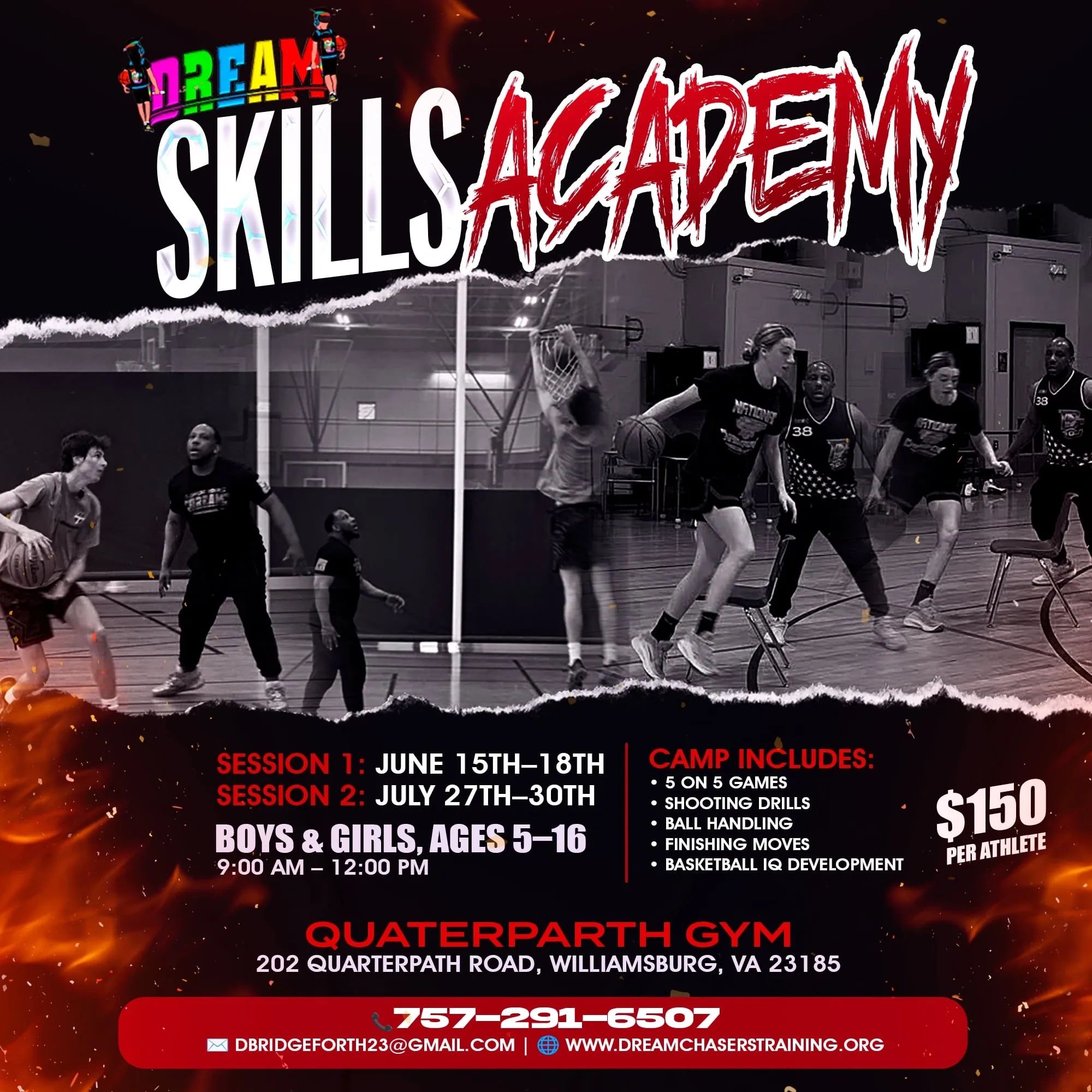 Dream Skills Academy basketball camp for kids ages 5-16, with sessions in June and July.