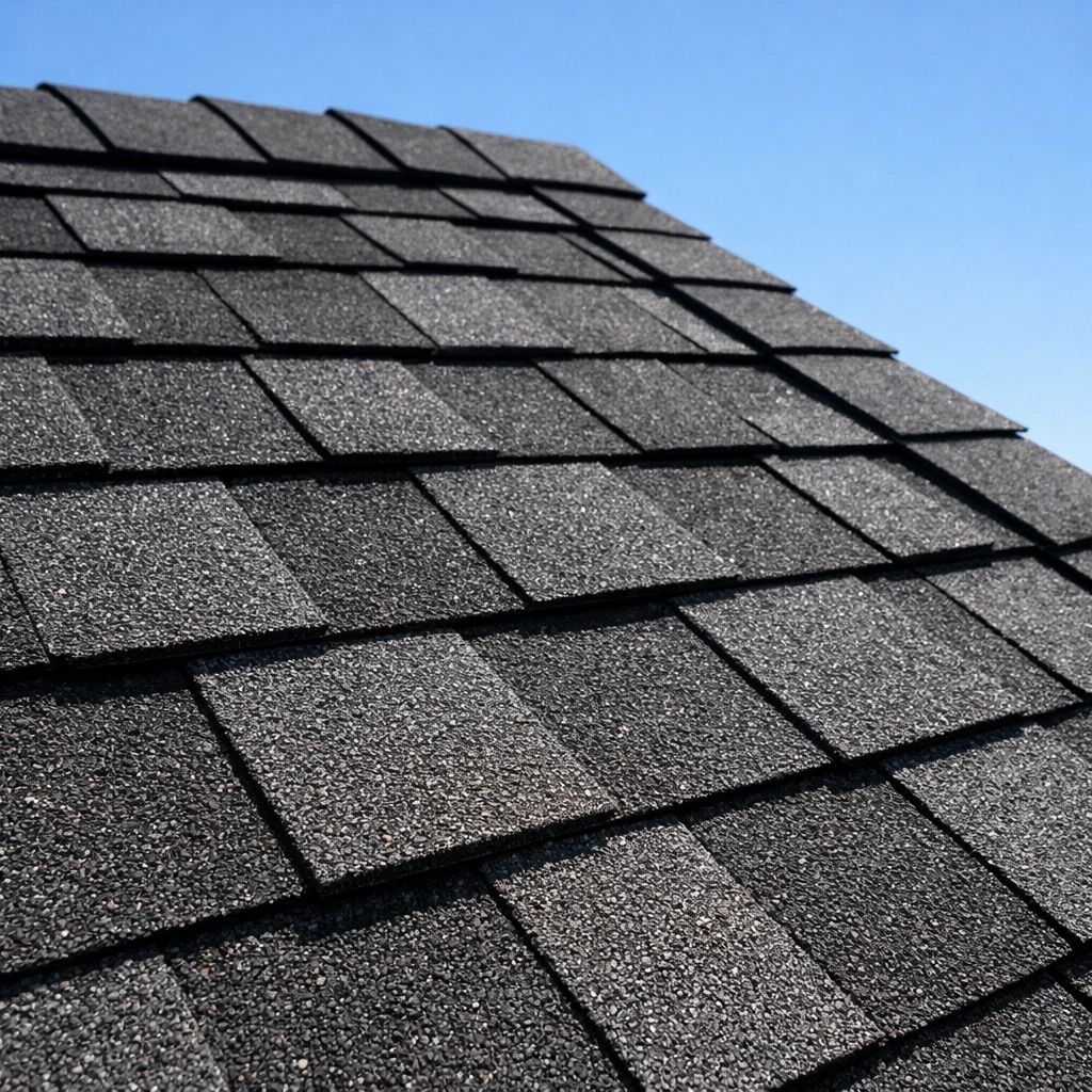 Brown asphalt shingle roof covering a single-family home under sunny sky