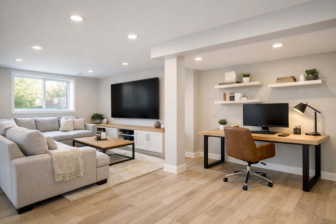 Cozy finished basement living area with sectional sofa and mounted television