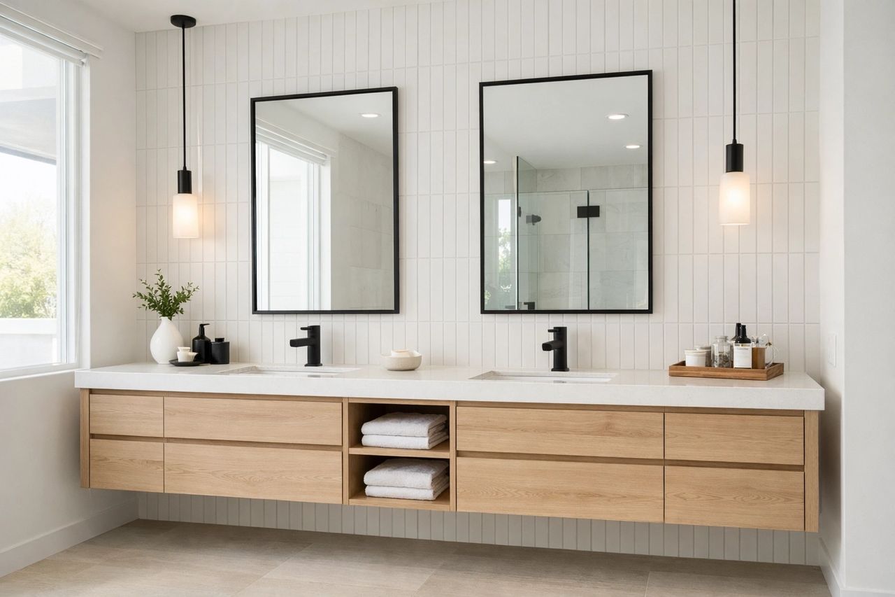 Freestanding bathtub positioned beneath window with white subway tile surround