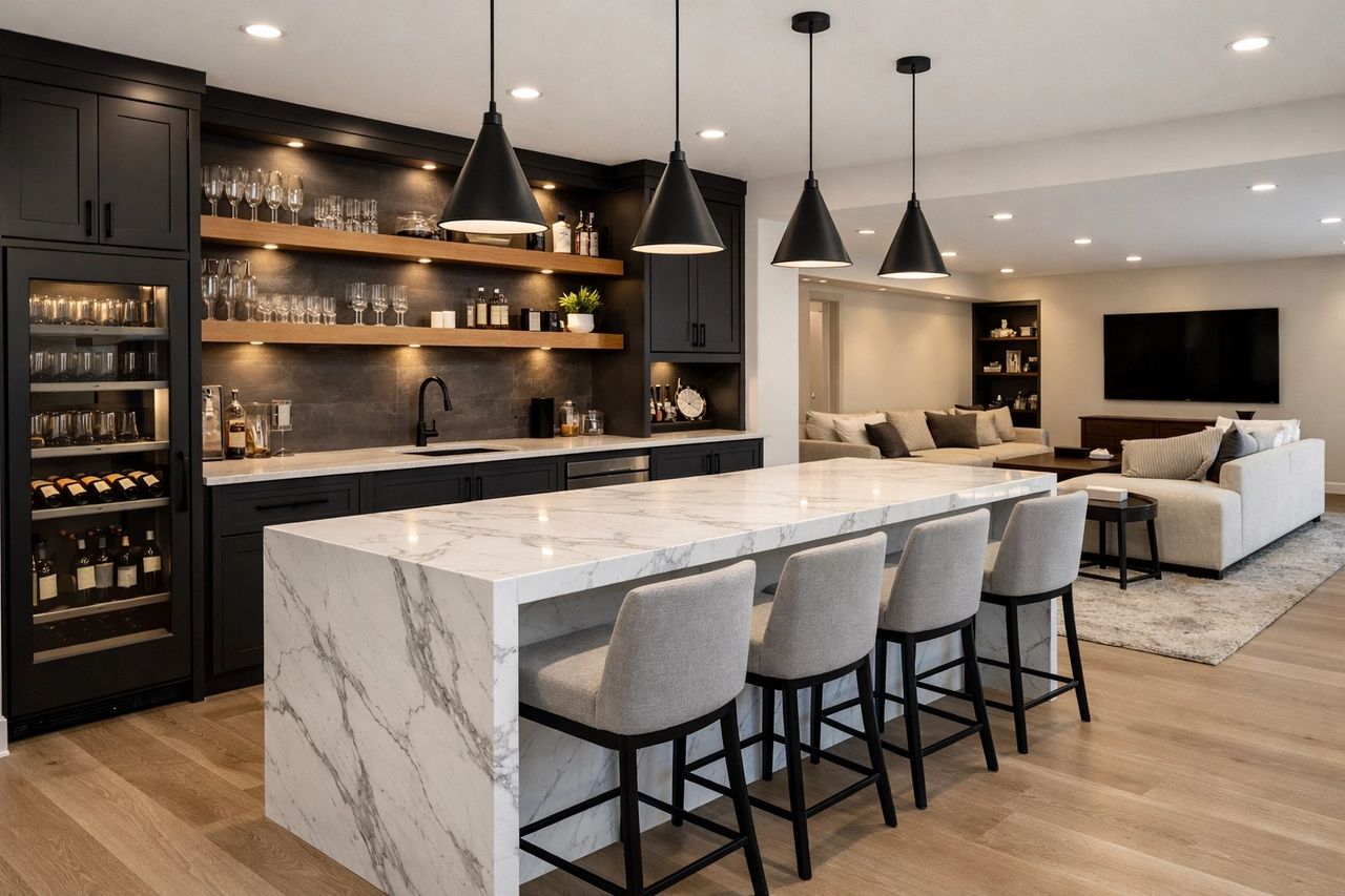 Spacious finished basement with seating area, recessed lighting, and carpeted floor