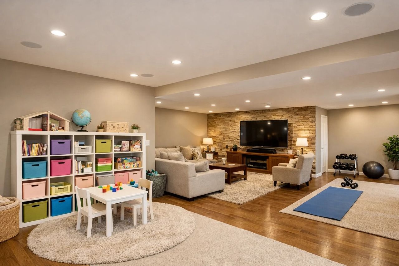 Open-concept remodeled basement including lounge space, wet bar, and laminate flooring