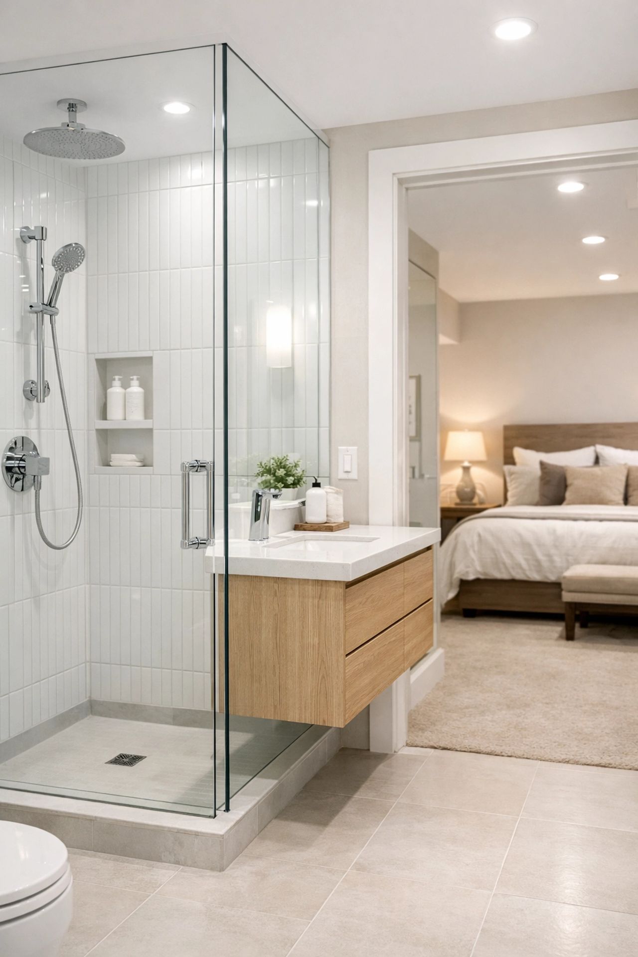 Compact guest bathroom featuring tiled shower, vanity with sink, and toilet