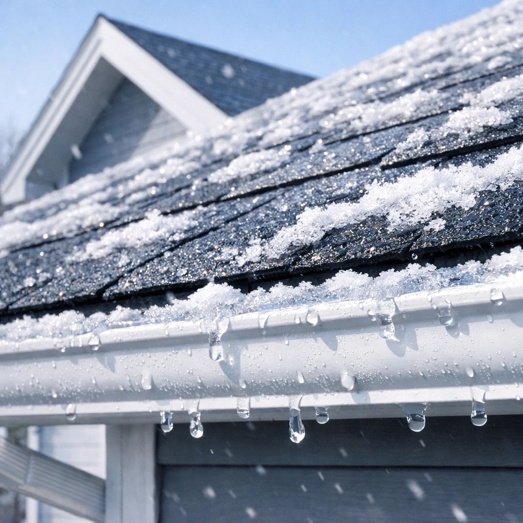 Worker replacing missing roof shingles on a ladder after heavy storm