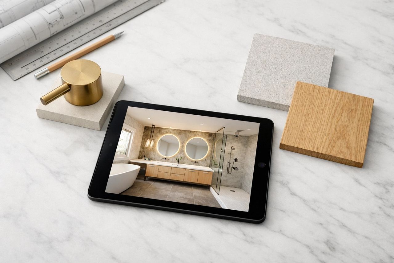 Close-up of bathroom faucet and undermount sink set in quartz countertop