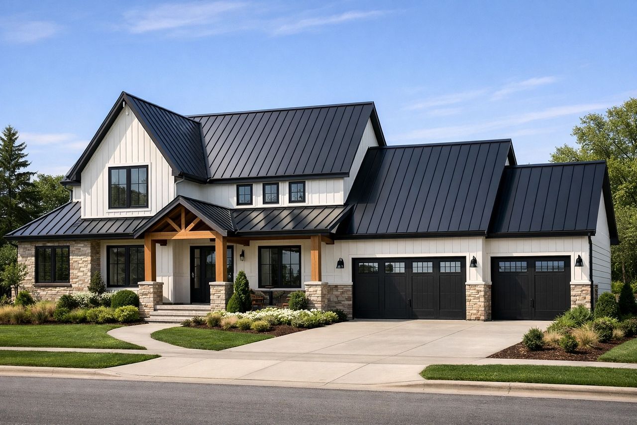 Dark standing-seam metal roof panels installed on modern residential home