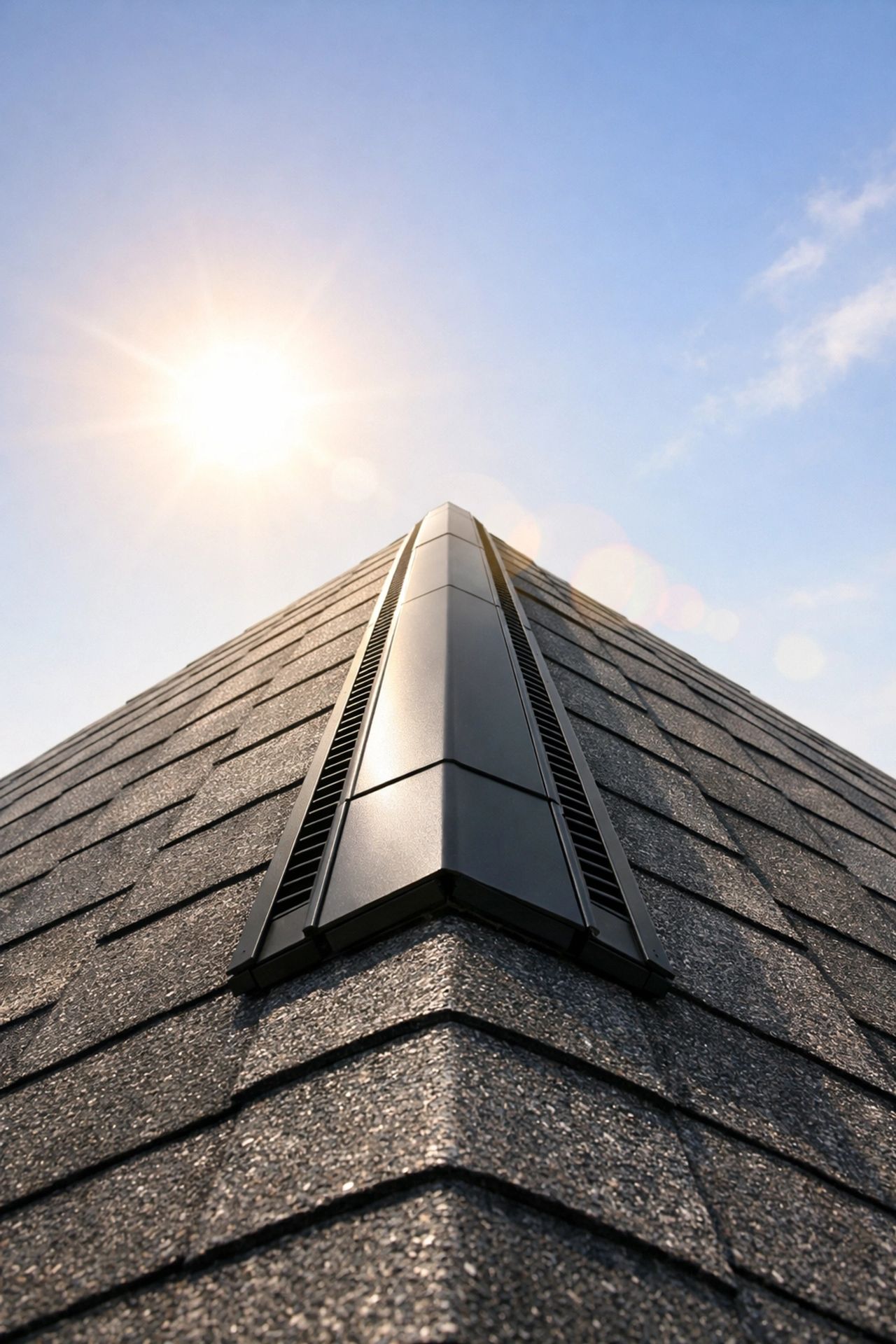 Closeup of uniform asphalt shingles on recently installed residential roof
