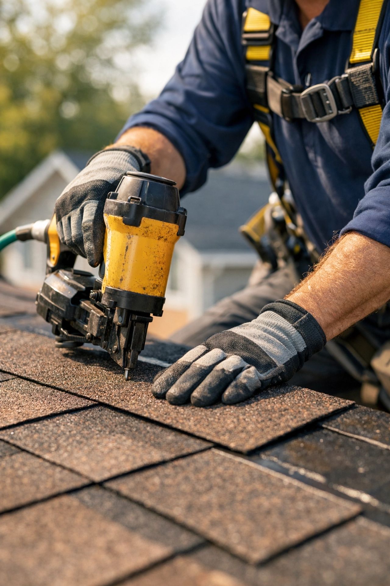 Crew laying underlayment and starter shingles on partially stripped residential roof