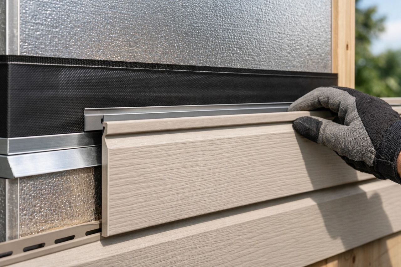 Worker fastening horizontal siding plank to exterior sheathing with power drill
