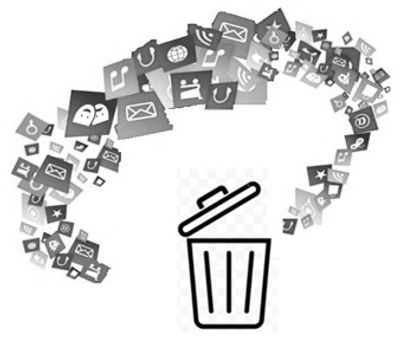 Icons representing digital data flow into a trash bin symbolizing deletion.
