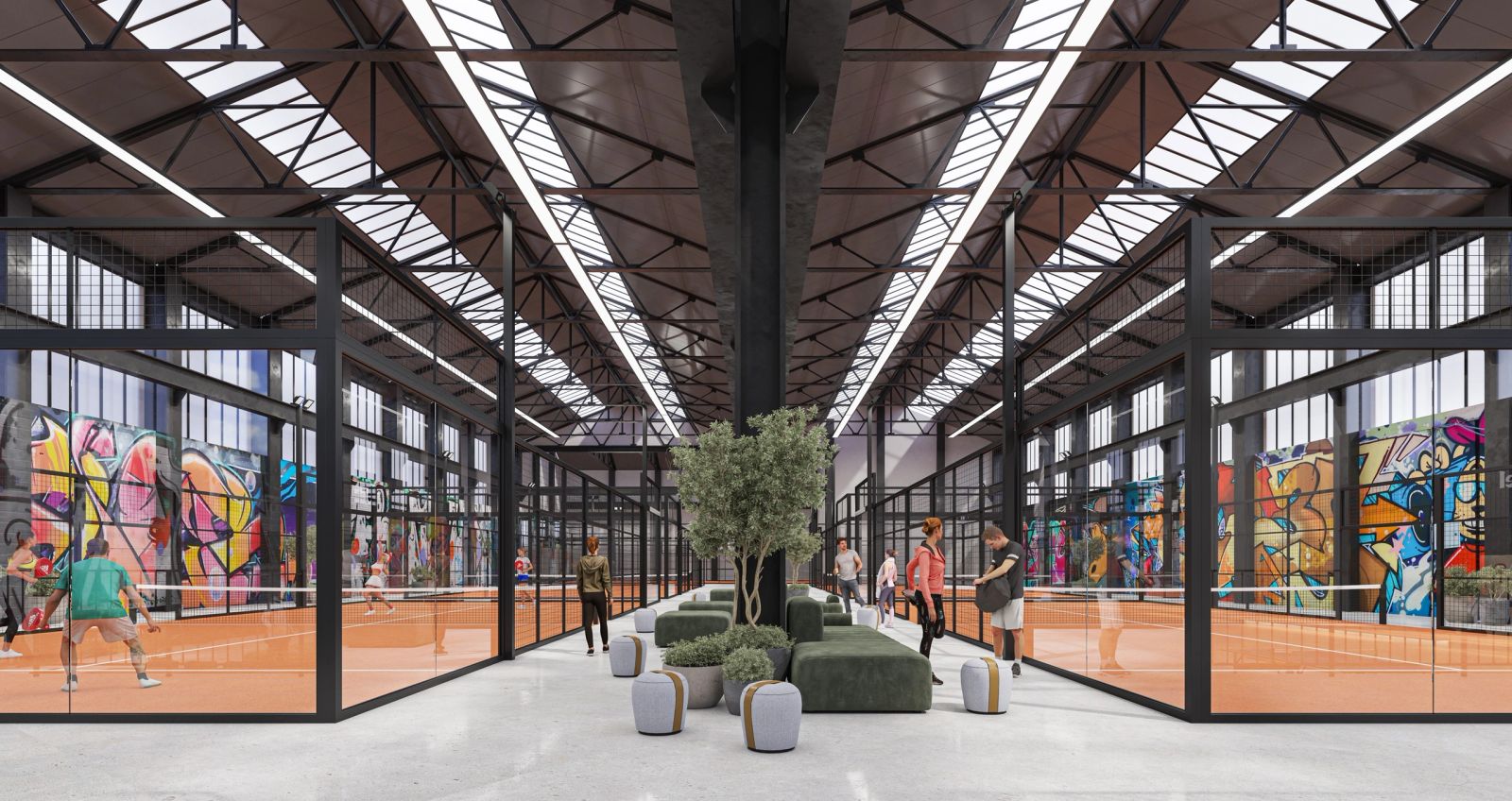 Five panoramic padel courts inside the converted Cannon Brewery warehouse, Sheffield