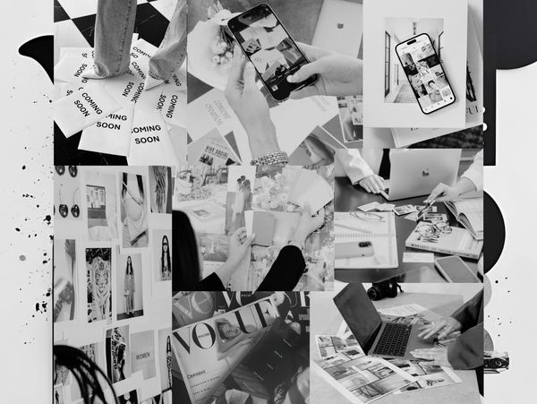 Collage of creative workspaces with phones, laptops, magazines, and fashion images.