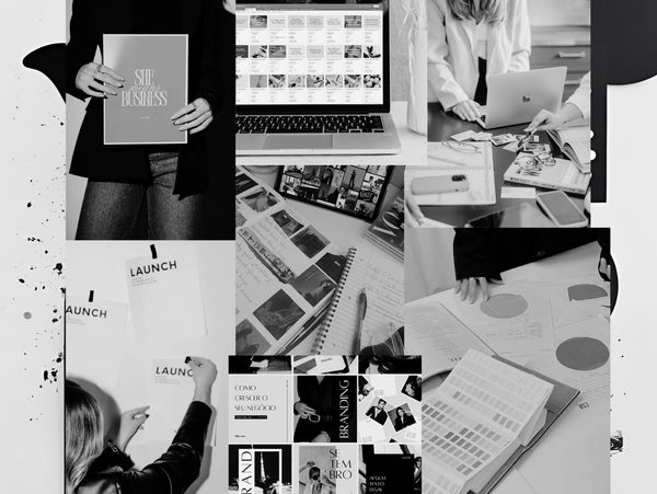 Collage showcasing business planning, branding, and digital workspaces in monochrome.