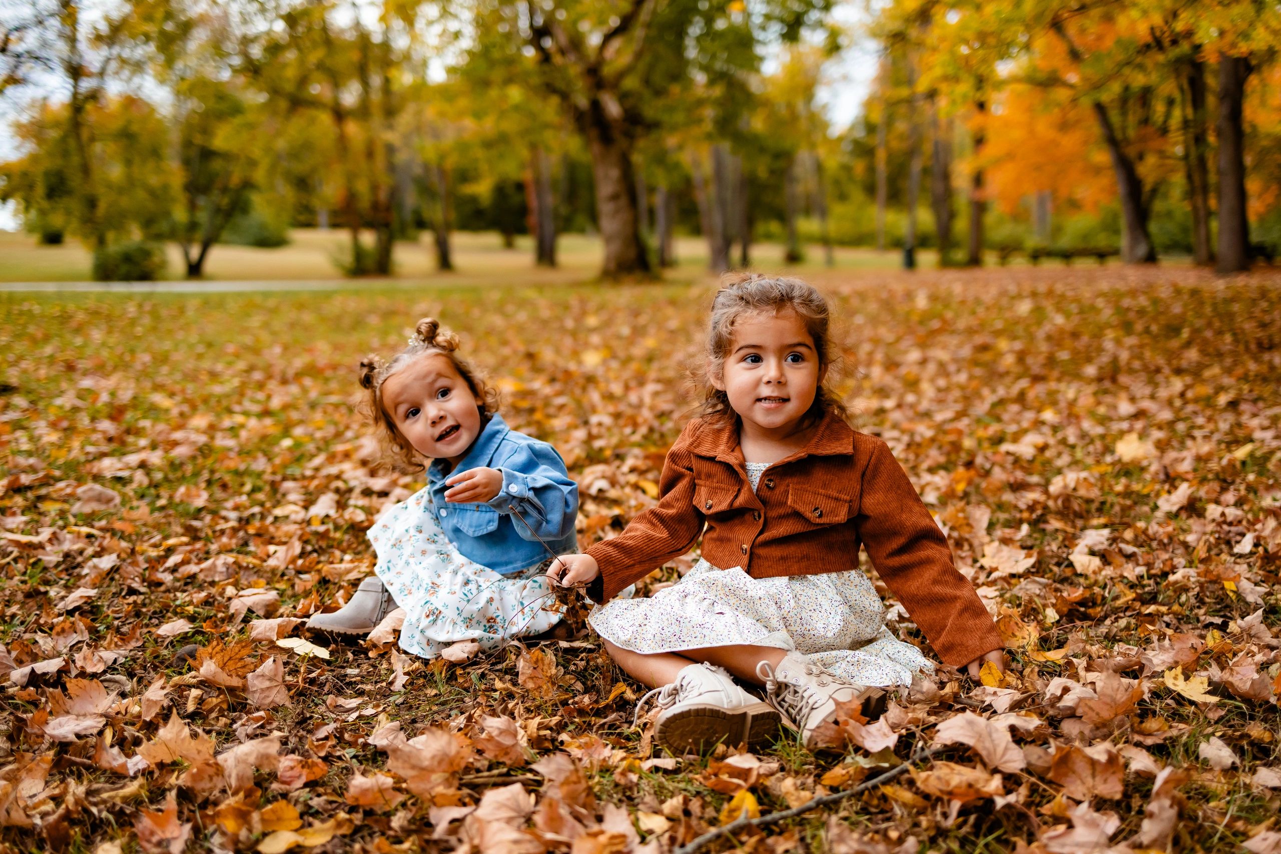 Two little girls sitting on autumn leaves in a park.