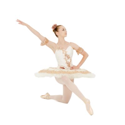 Ballet dancer in a white and gold tutu striking a graceful pose.