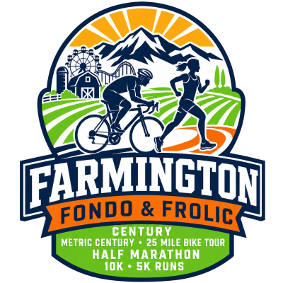 Farmington Fondo &amp; Frolic event logo with biking and running.