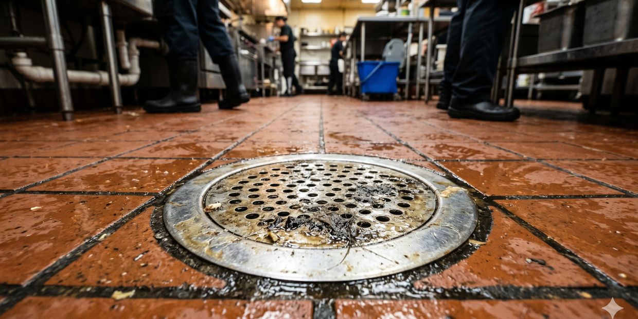 Close-up of a dirty kitchen floor drain with workers in the background.