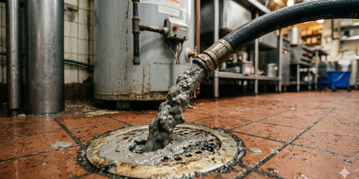 Thick gray liquid flowing from hose into a floor drain in an industrial setting.