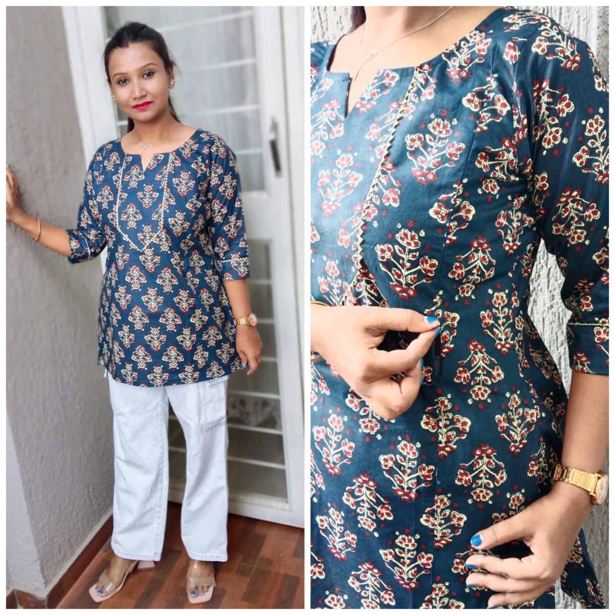 Summer blue floral handcrafted Tunic