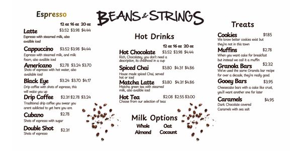Menu board featuring espresso, hot drinks, milk options, and treats at Beans &amp; Strings.