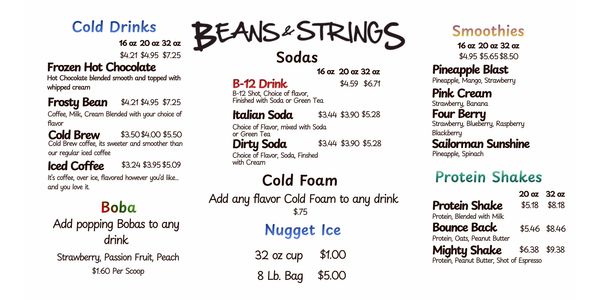 Beans &amp; Strings menu featuring cold drinks, sodas, smoothies, boba, and protein shakes.