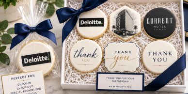 Thank you cookies and treats in a gift box from Deloitte and Current Hotel.