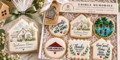 Set of decorative edible cookies celebrating a new home.