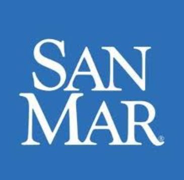SanMar logo with white text on blue background.