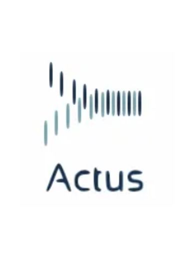 Logo with stylized arrow and text 'Actus'.