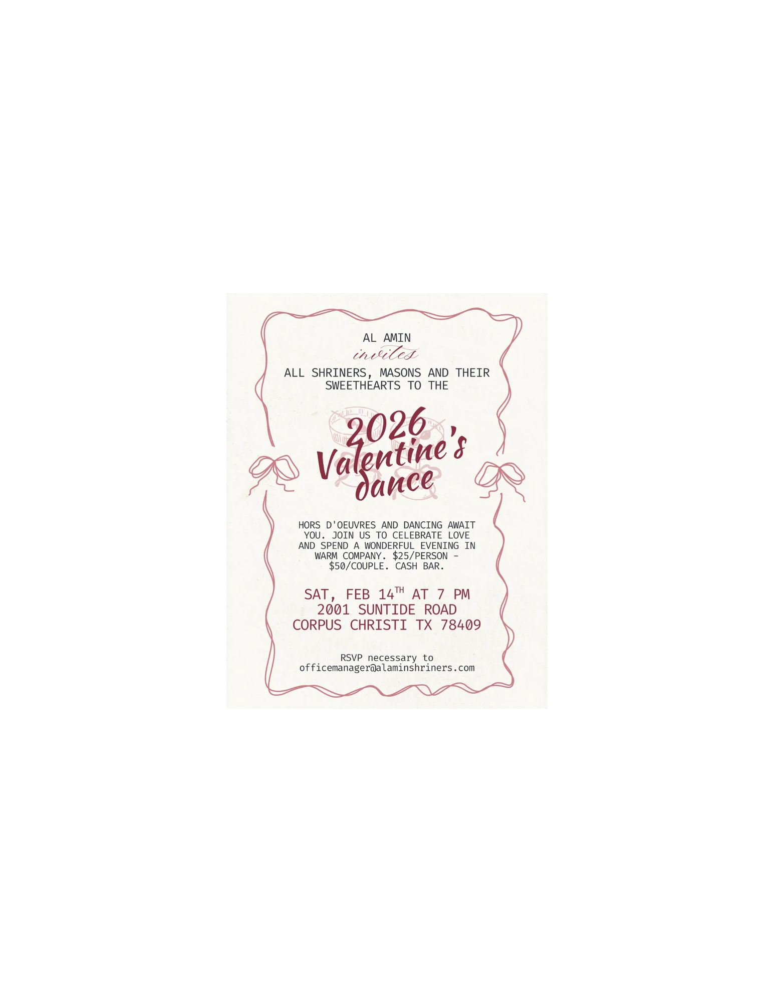 You're invited to the 2026 Valentines Day Dance.  Sat, Feb 14th at 7pm