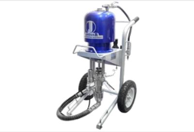 Portable industrial spray painting machine with a blue paint container and wheels.