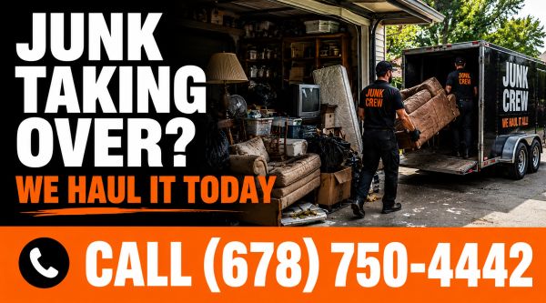 Junk hauling crew loading furniture into a truck with contact info.
