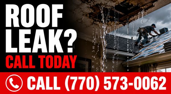 Water leaking through a damaged roof with a repairman on the roof.