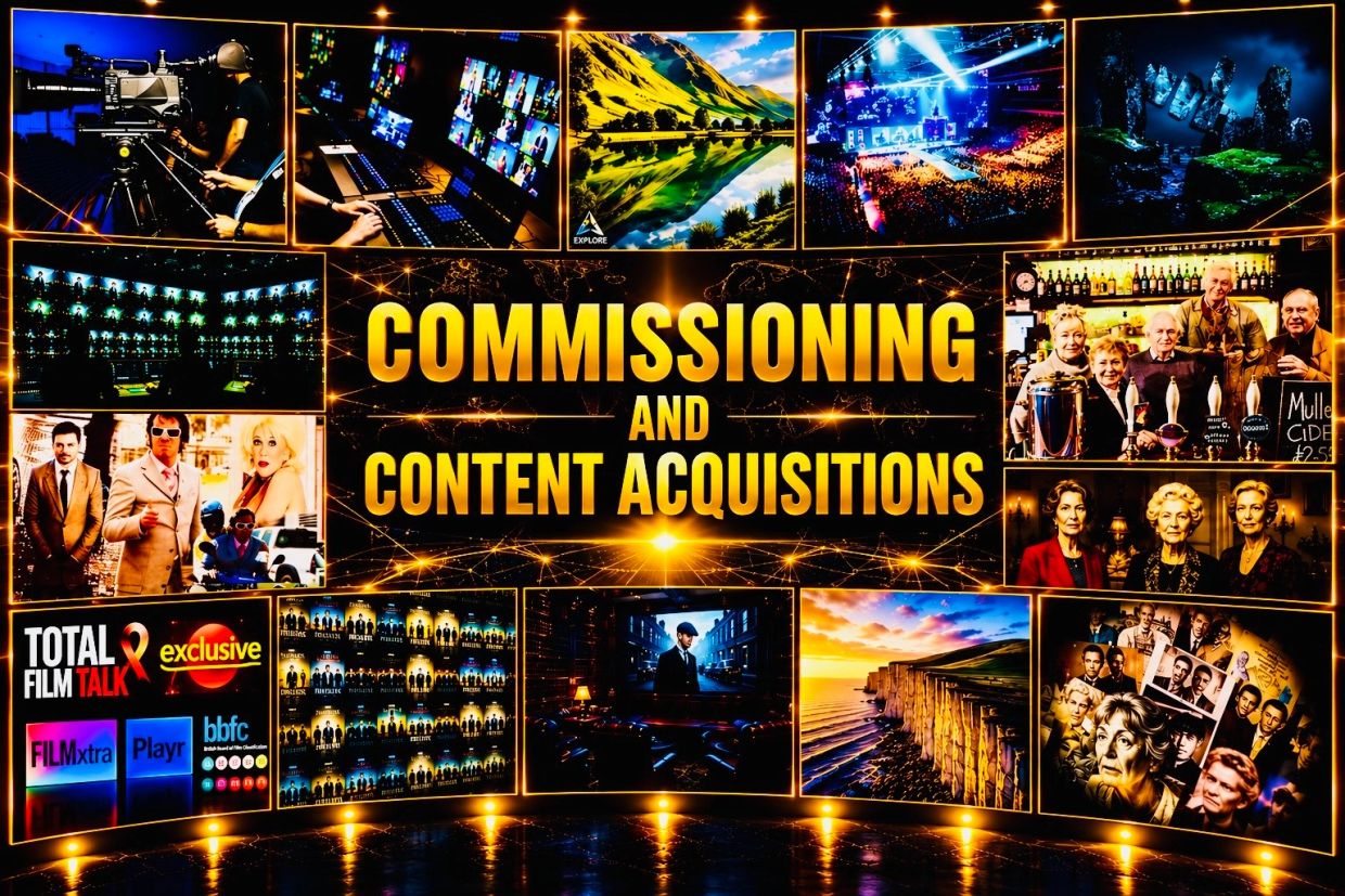 Collage of media production and film content acquisition images.