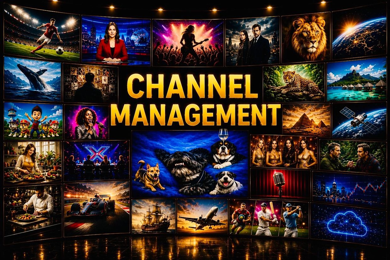 Diverse multimedia content showcasing channel management.