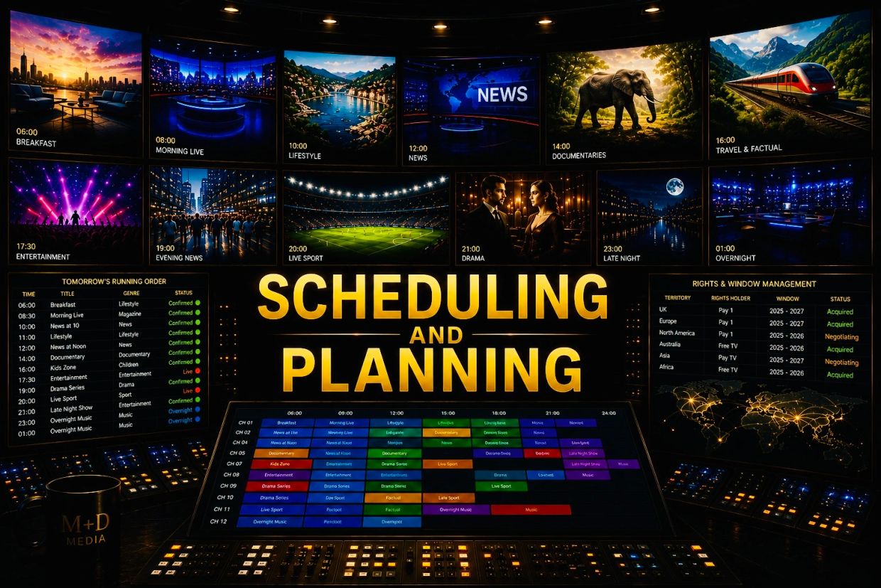 Television scheduling and planning control room with daily programming lineup.
