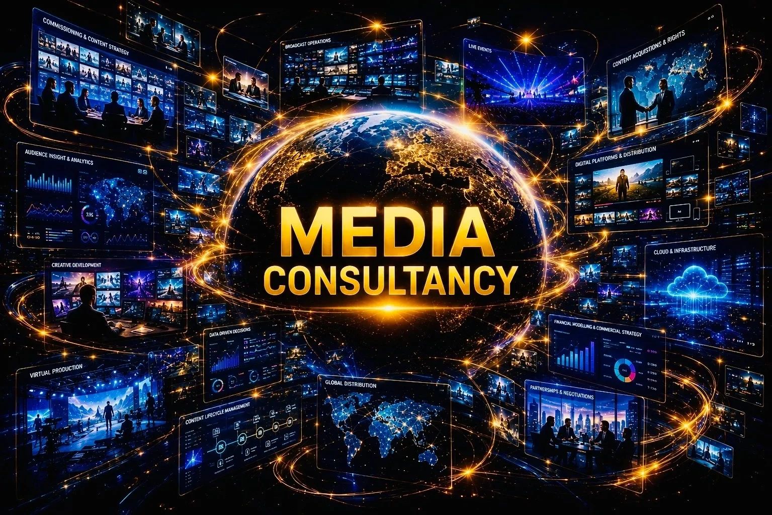 Media consultancy concept with digital screens around a glowing globe.