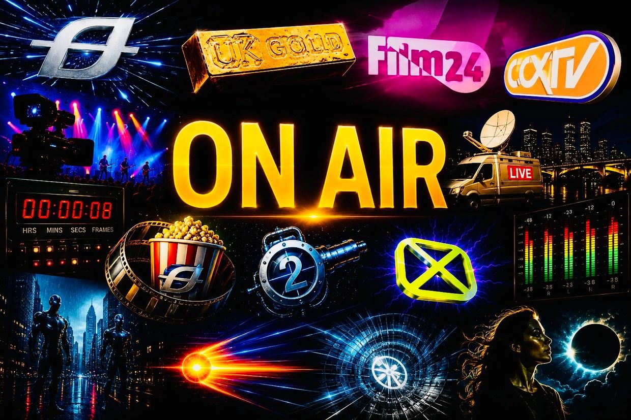 Bright "ON AIR" sign with media icons and live broadcast visuals.
