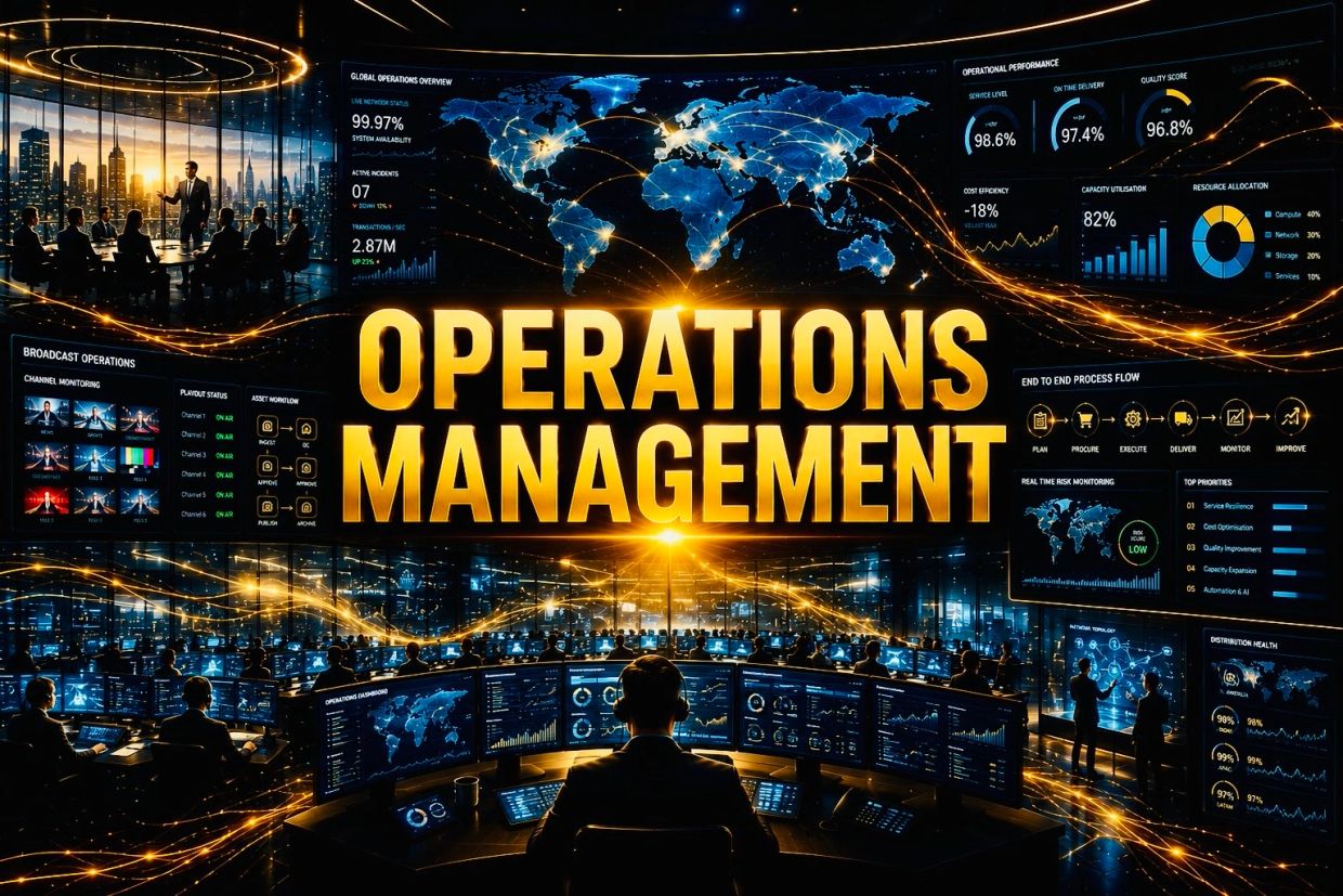 High-tech operations management control room with global data displays.