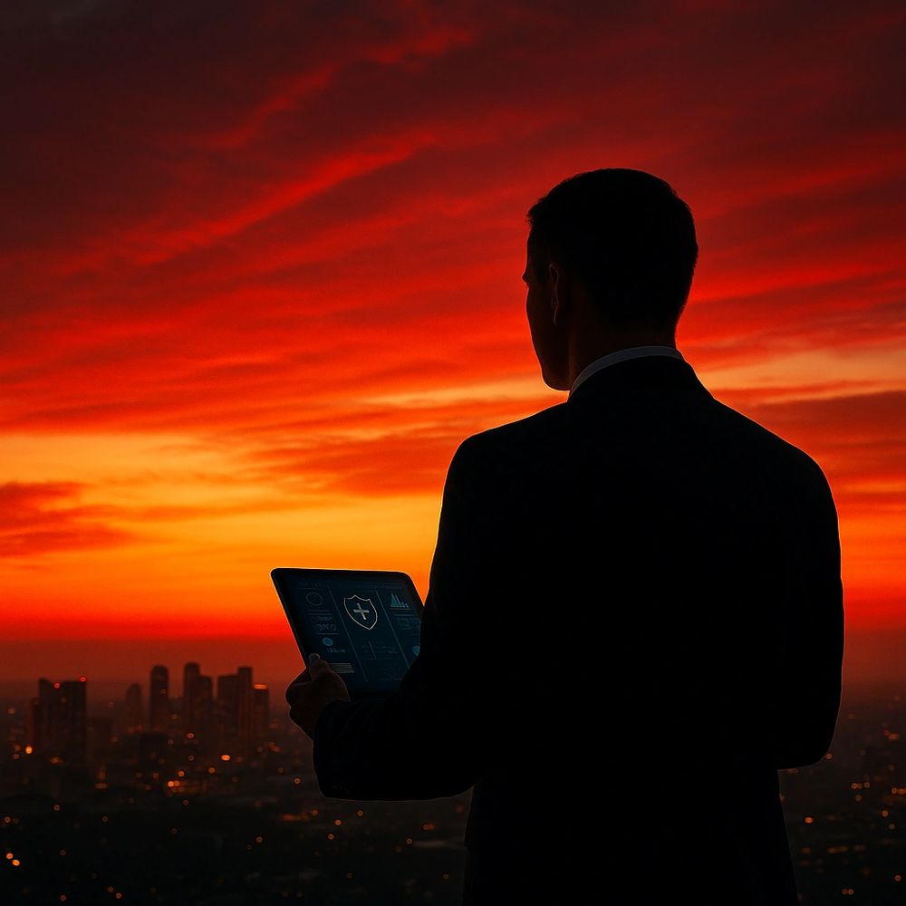 Silhouette of a man with a tablet against a fiery sunset cityscape.