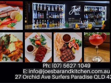 Collage of food and drinks with Joe's Bar and Kitchen contact info.
