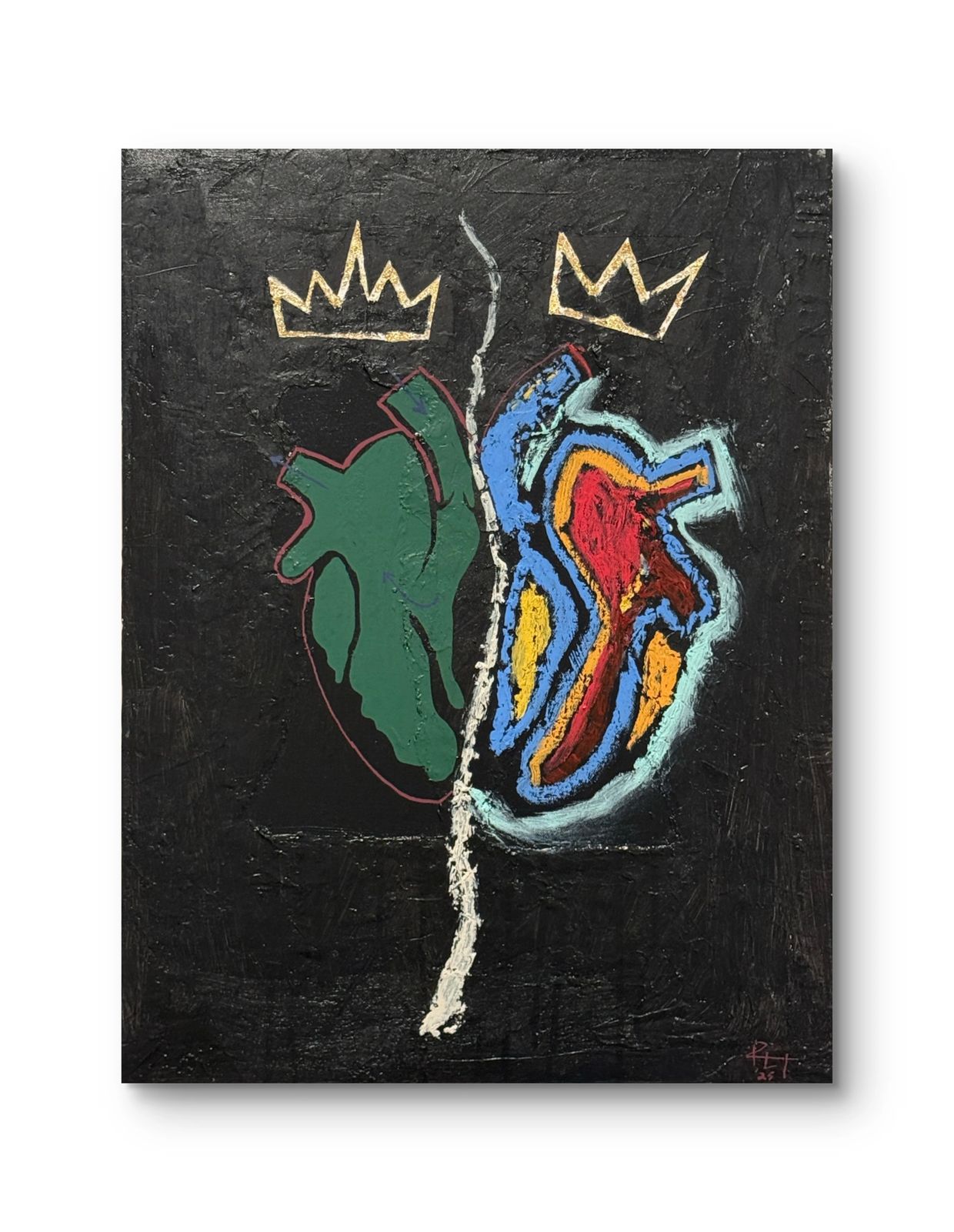 Abstract painting of two hearts with crowns on black background.