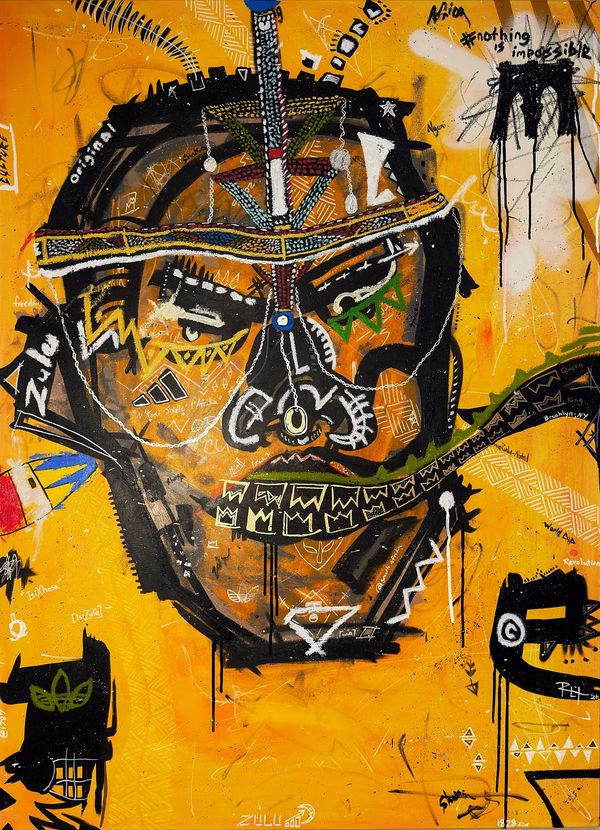 Abstract African-inspired face on a vibrant yellow background.