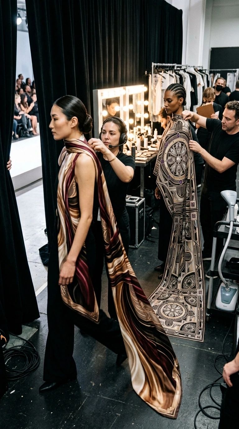 Models getting dressed backstage at a fashion show.