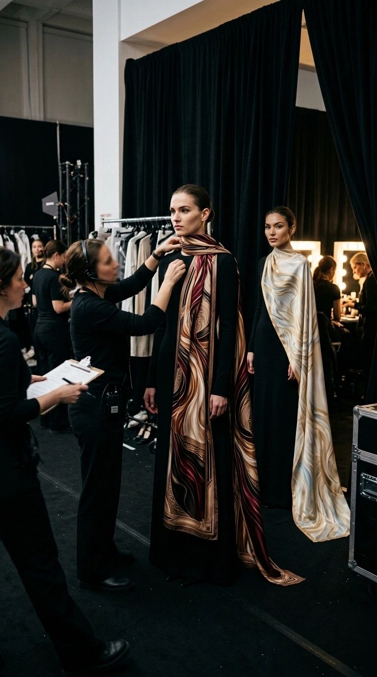 Models backstage getting their outfits adjusted before a fashion show.