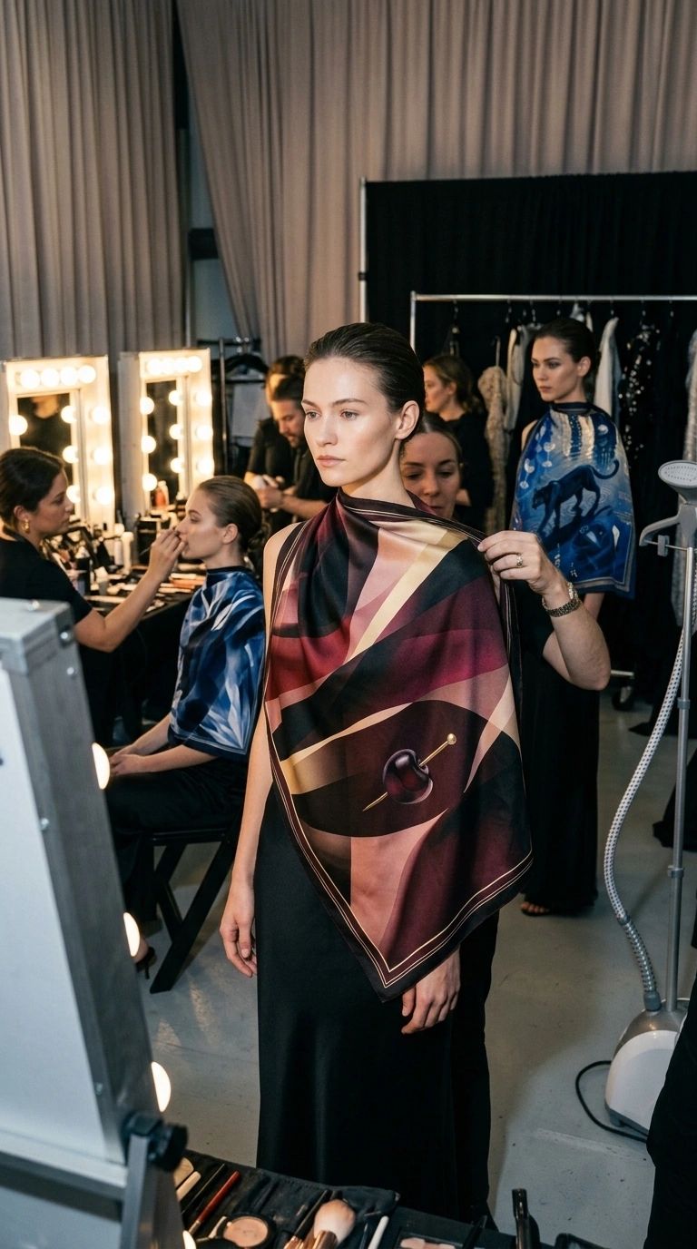 Models getting ready backstage at a fashion show.