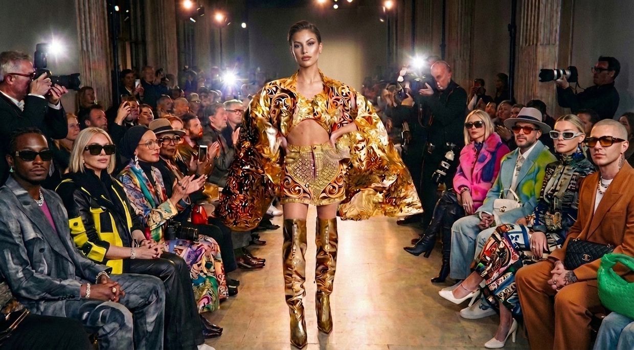 Model walks runway in ornate gold outfit at a packed fashion show with photographers and stylish audience.