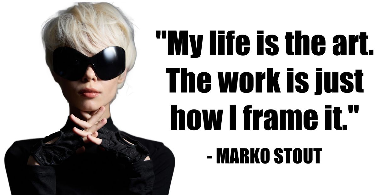 Person with white hair and large sunglasses next to a quote by Marko Stout.