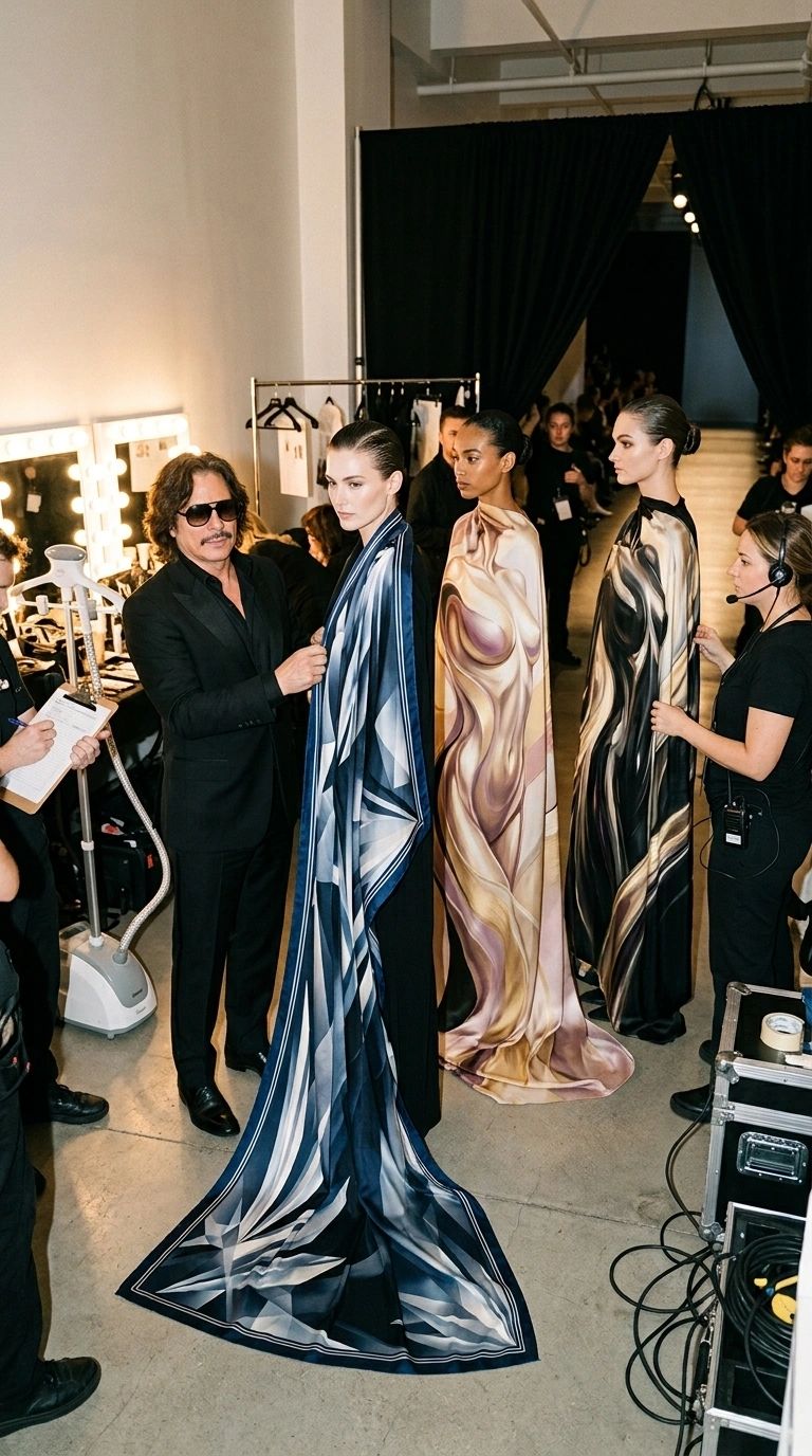 Models draped in artistic fabrics backstage at a fashion event.