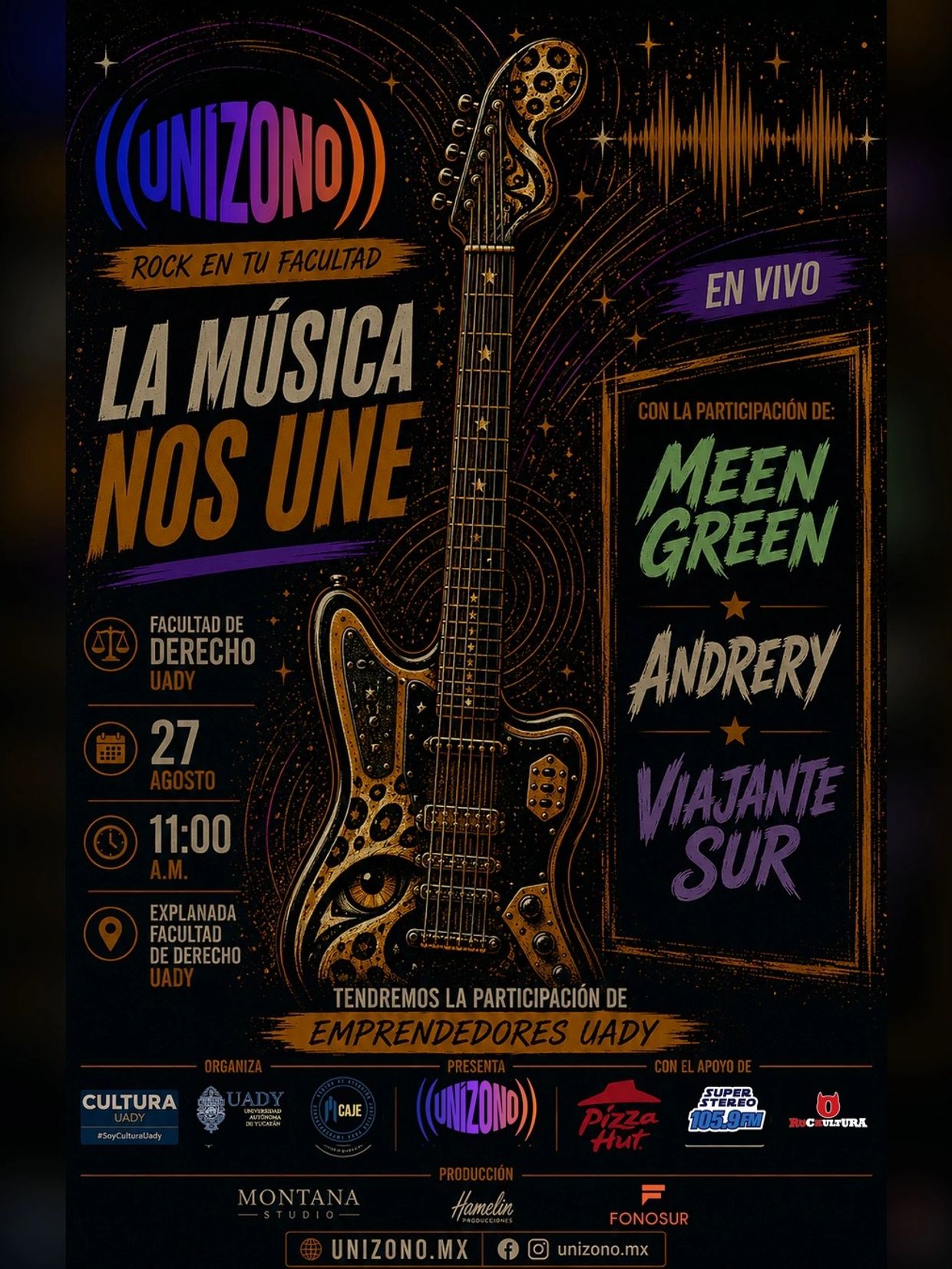 Evento de rock en la Facultad de Derecho UADY con bandas en vivo.